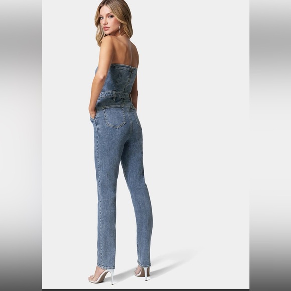 BEBE Belted Sweetheart Denim Jumpsuit - River Blue Wash - Picture 3 of 6